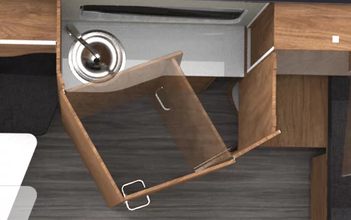 The small bathroom area folds up when not in use