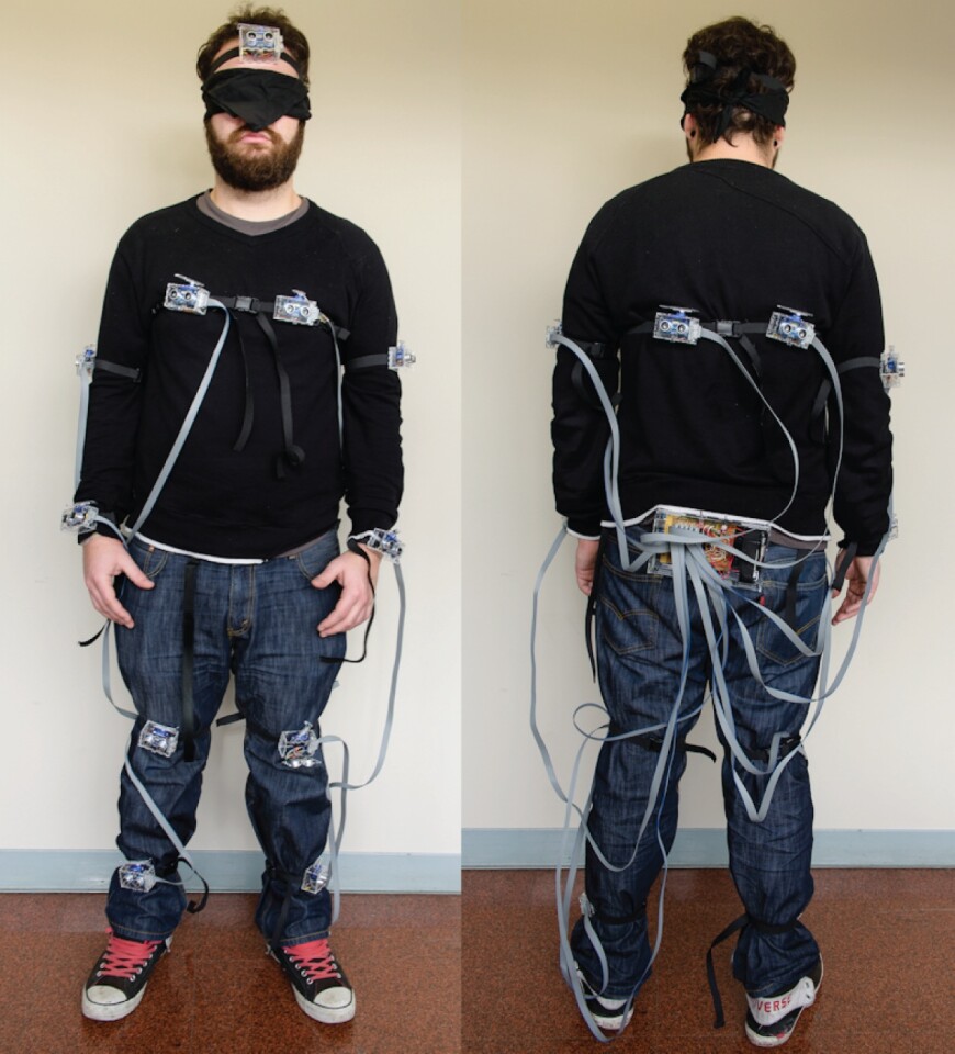 SpiderSense consists of thirteen sensor modules placed on various parts of the body - arms, legs, chest, back, forehead, etc. - and connected to a controller box