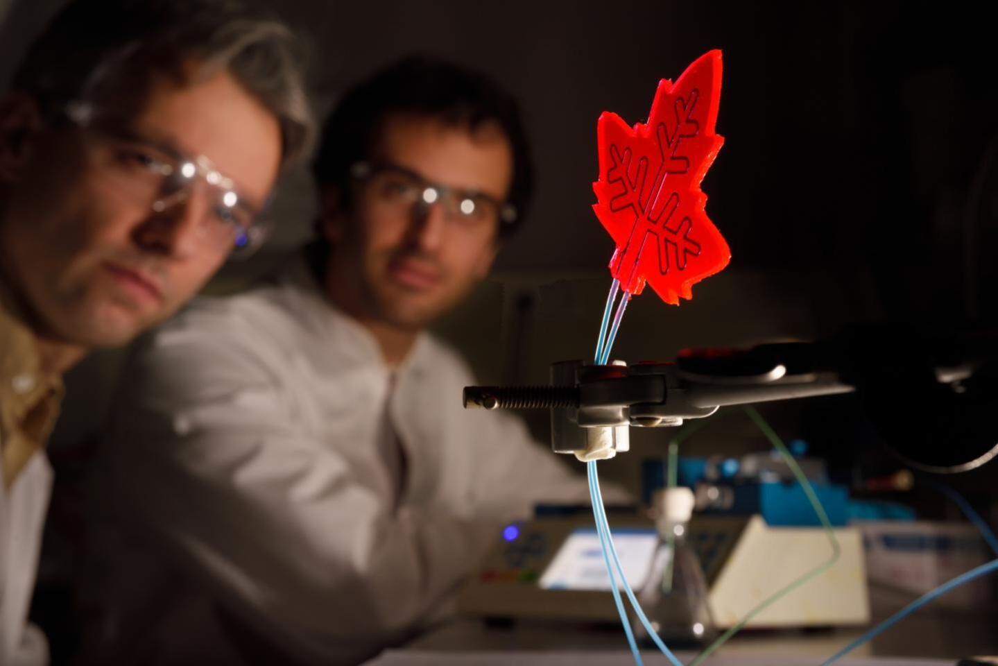 One chemical is pumped through the channels that run through the device, like veins in a leaf, the LSC material reacts with it, and the other desired chemical comes out the other end