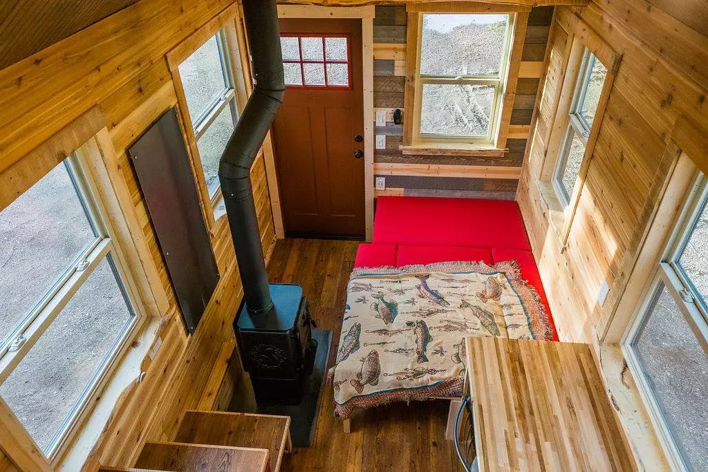 Top-down view of the living area in Davis's 22 ft Off-Grid Tiny Home