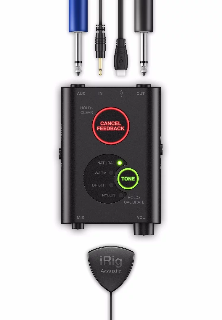 The iRig Acoustic Stage sports audio inputs and outputs and a class-compliant USB port