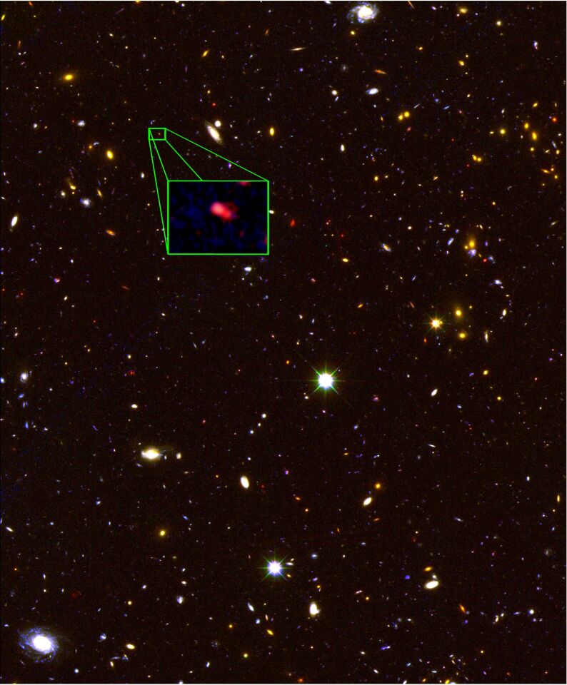This image from the Hubble Space Telescope CANDELS survey highlights the most distant galaxy in the universe with a measured distance, dubbed z8-GND-5296 (Image: Tilvi/Finkelstein/Papovic/STSCI/NASA)