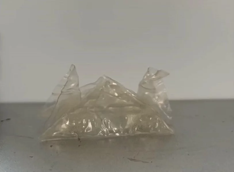 A sample of the new VPR plastic, which has returned to its origami crane shape after being flattened then heated