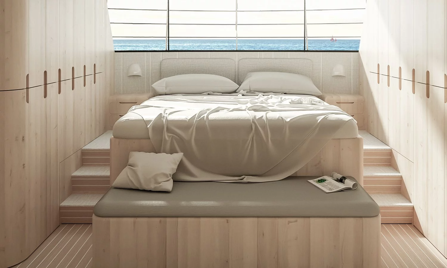 Four double bedrooms and one master, with less salubrious crew accommodations