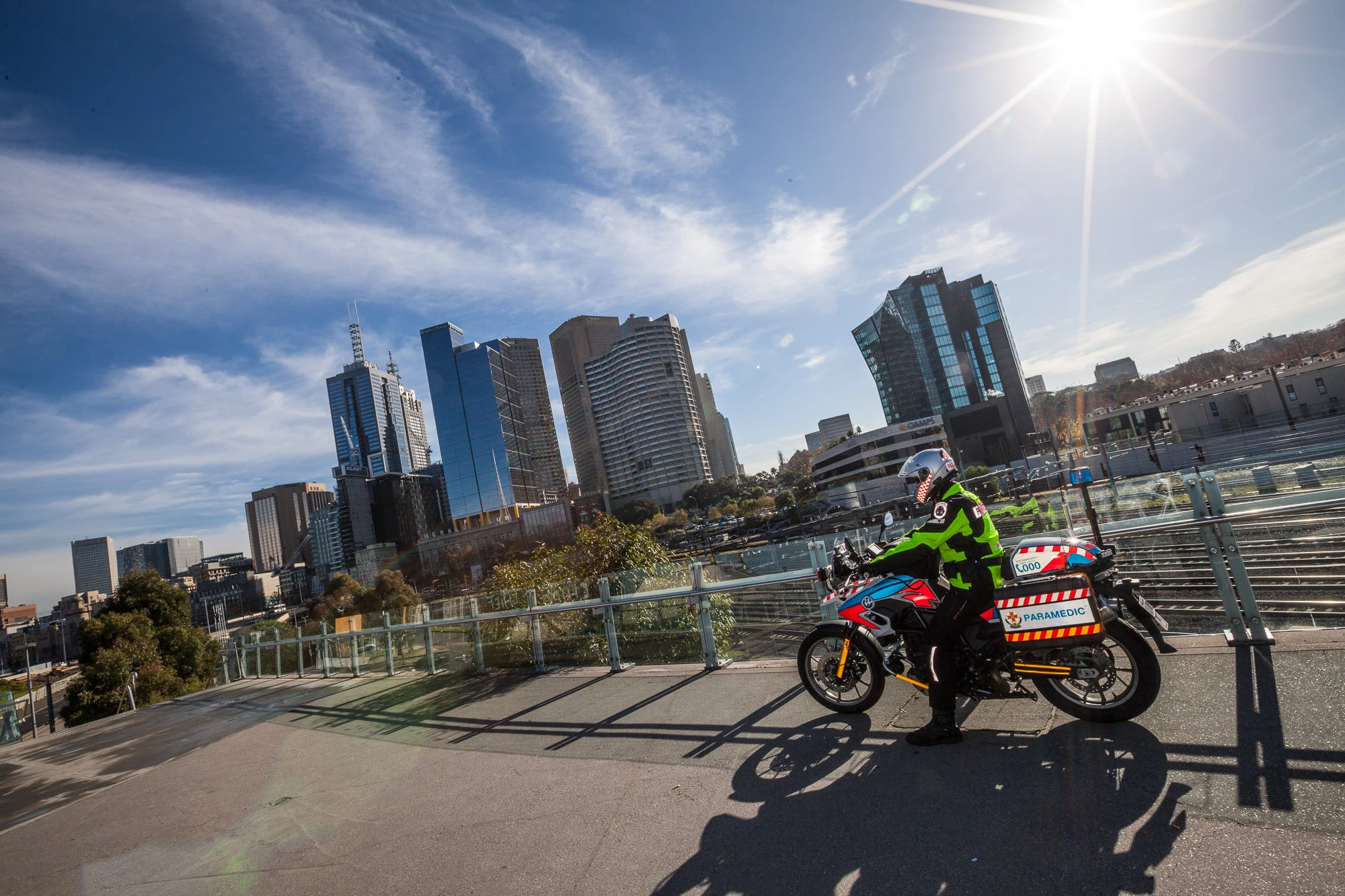 "Sydney's had a motorcycle paramedic service for 15 years. Adelaide commenced their trial about 3 months before we did, in 2011. In Melbourne, tram tracks allow ambulances pretty good access even in heavy traffic - but things like superstops change that a bit. Motorcycles are able to filter through gaps for better access, but obviously we can't transport a patient to hospital. "