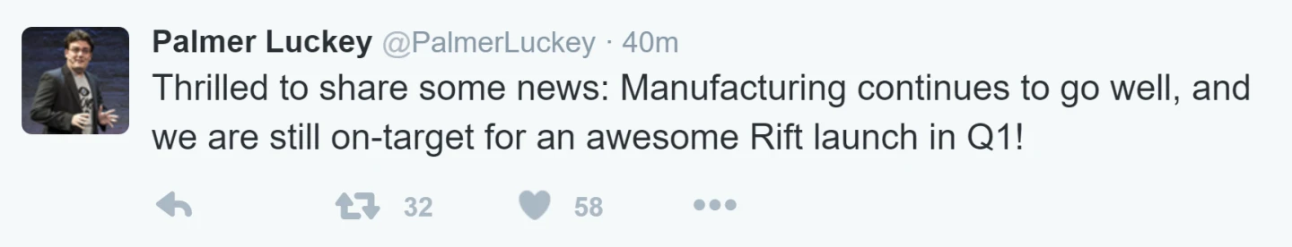 Palmer Luckey confirming that the Rift is still on track for its release window