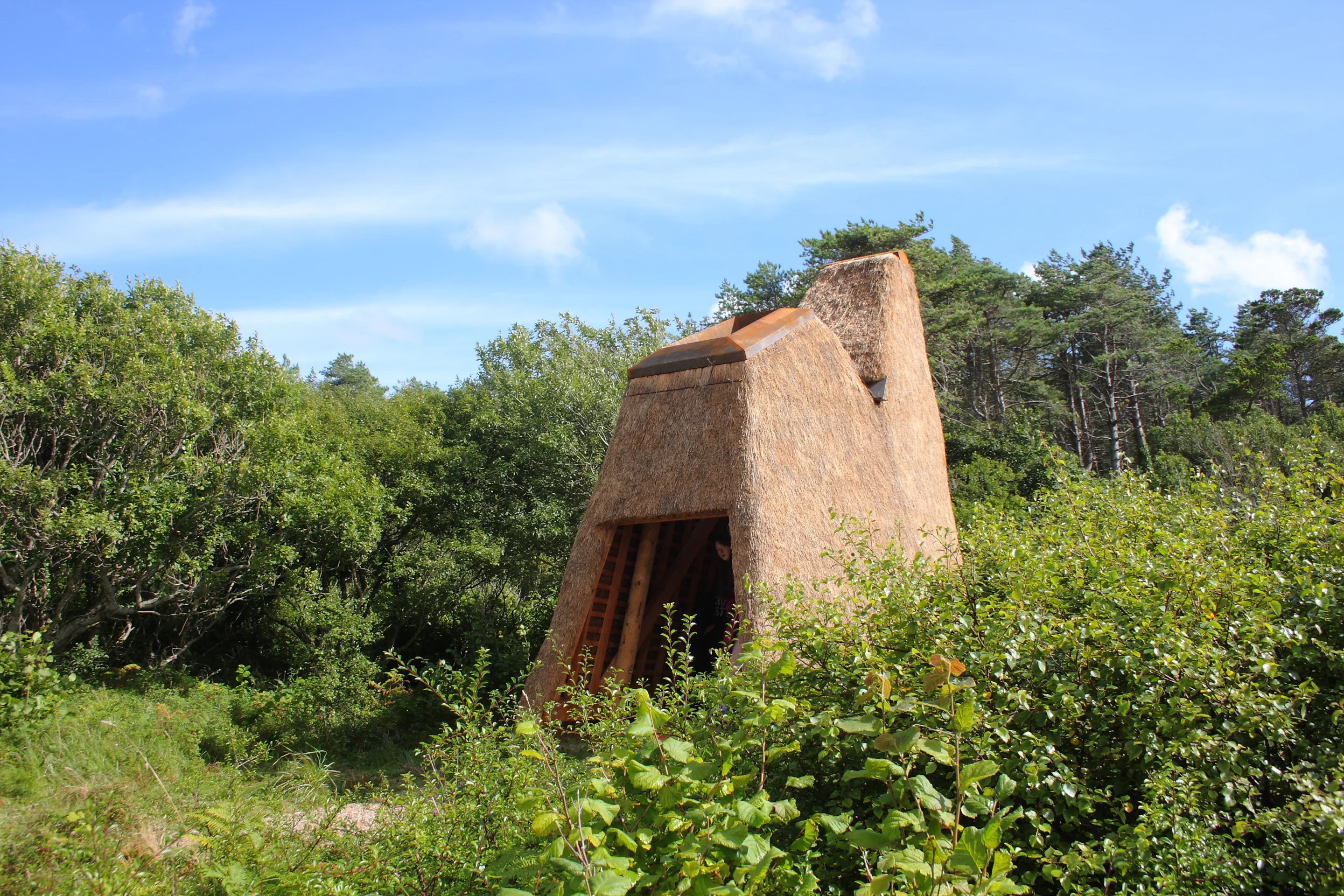 The installation comprises a wooden frame structure covered by a thatch facade (Photo: Emily Mannion/Thomas O’Brien)