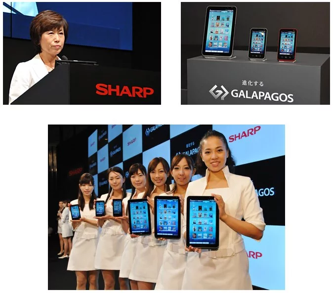 Top left is Sharp's Keiko Okada at the recent press launch. Top right, the Galapagos tablets and bottom center - the Sharp girls showing off the product