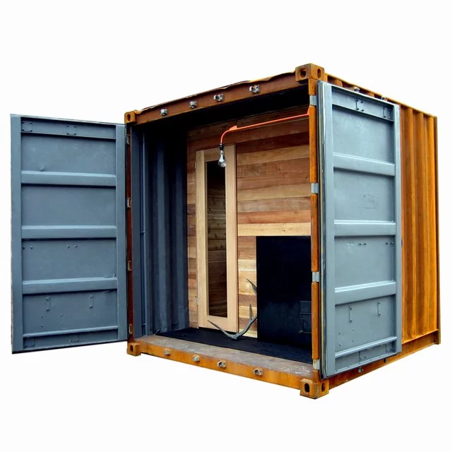 The doors of the ordinary shipping container open out to reveal a self-contained sauna