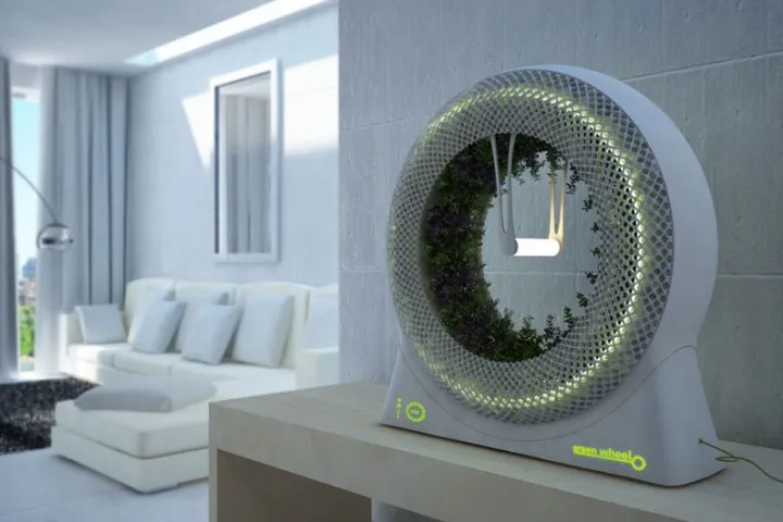 The Green Wheel is an indoor gardening concept, in which hydroponically-grown plants rotate around a central light source