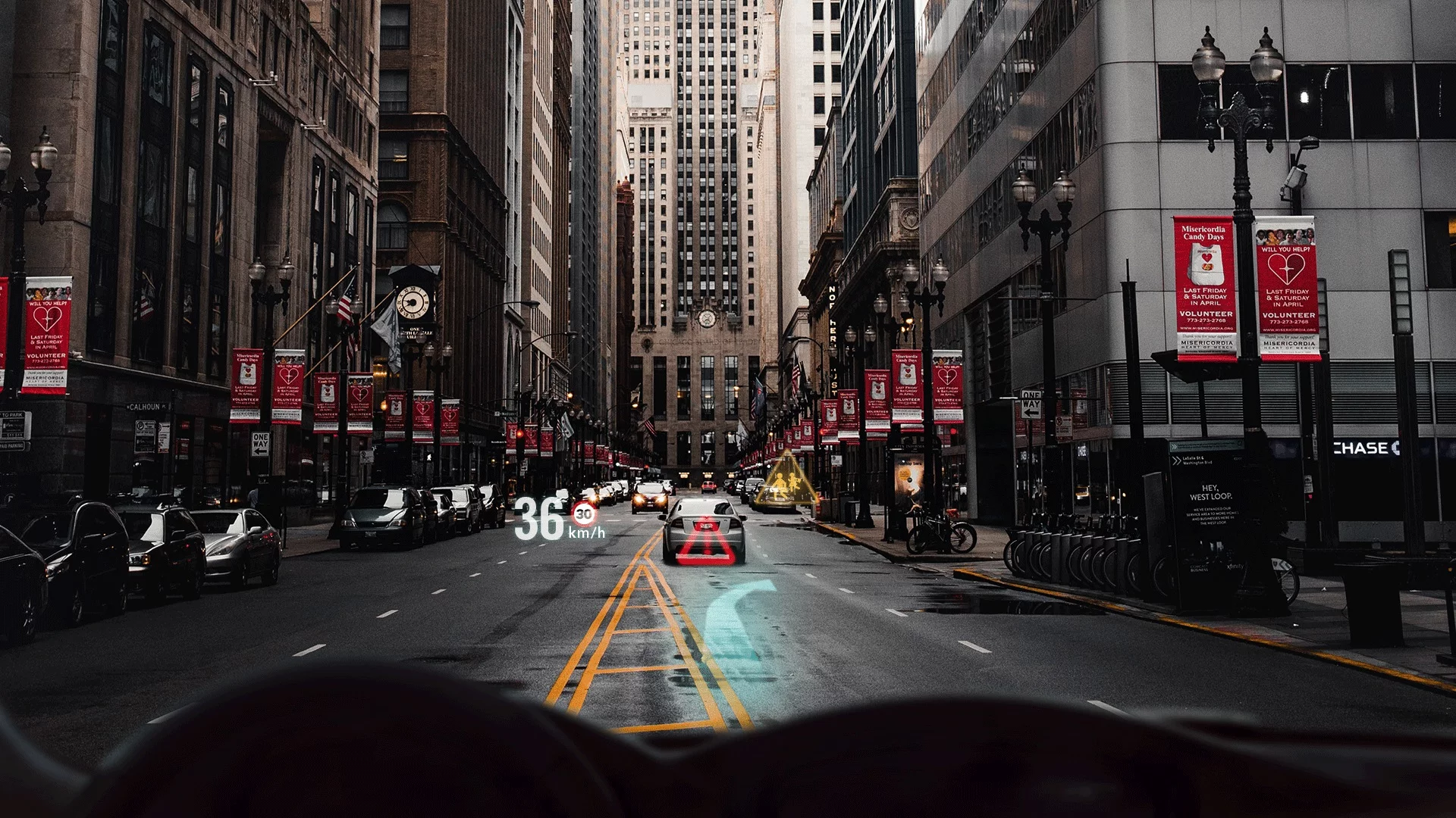 Typical HUD functions could be digitally painted directly onto your view of the road ahead