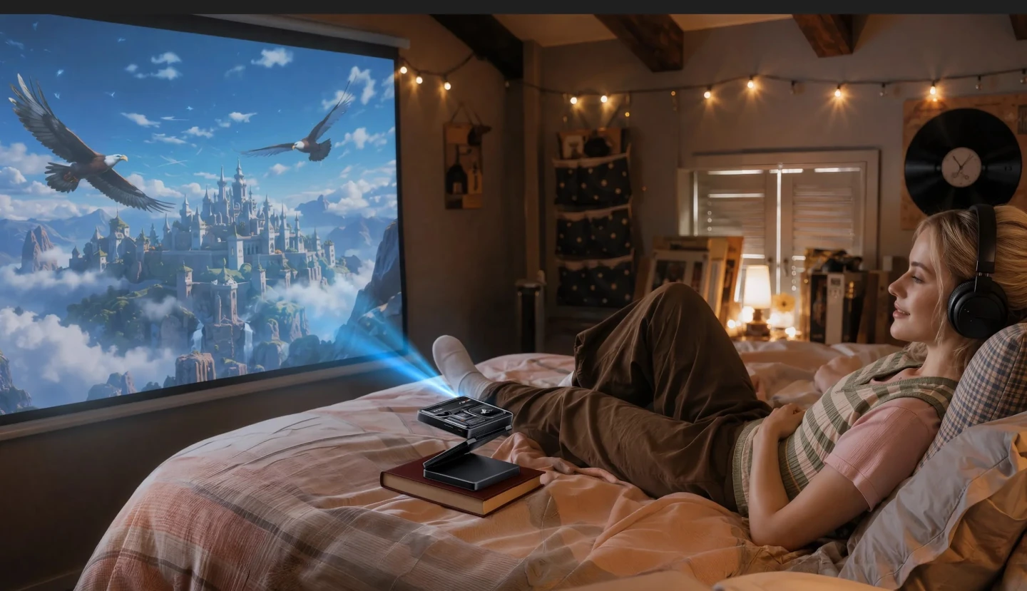 The compact projector casts a large screen display in a dimly lit bedroom setup while supporting private listening via Bluetooth headphones