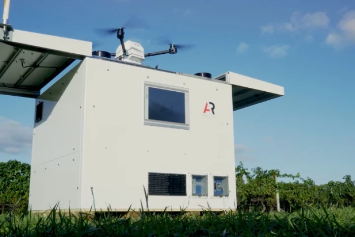 The Scout agriculture drone, about to take off from its Drone Station