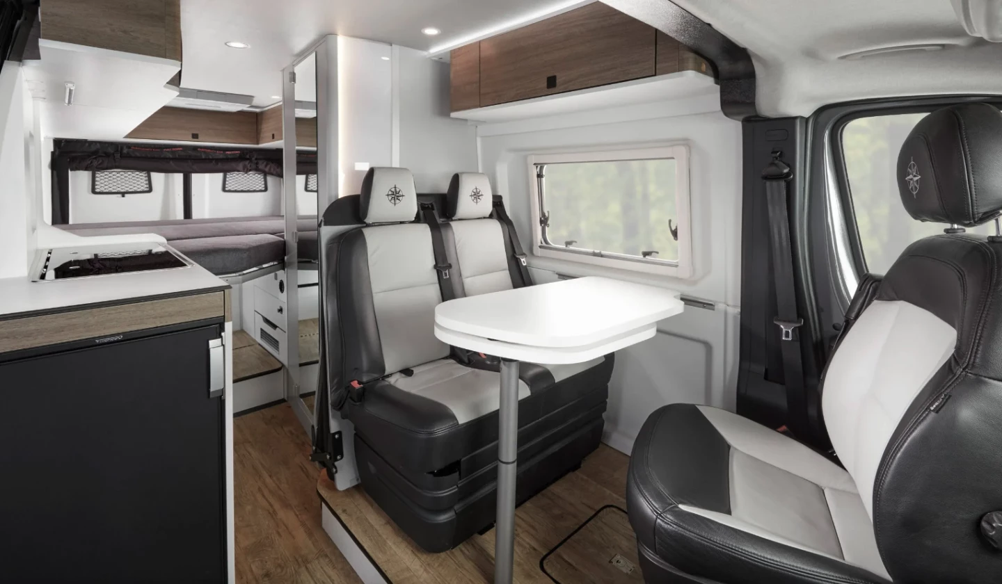 The SRT has a classic European floor plan with front dinette and rear bed