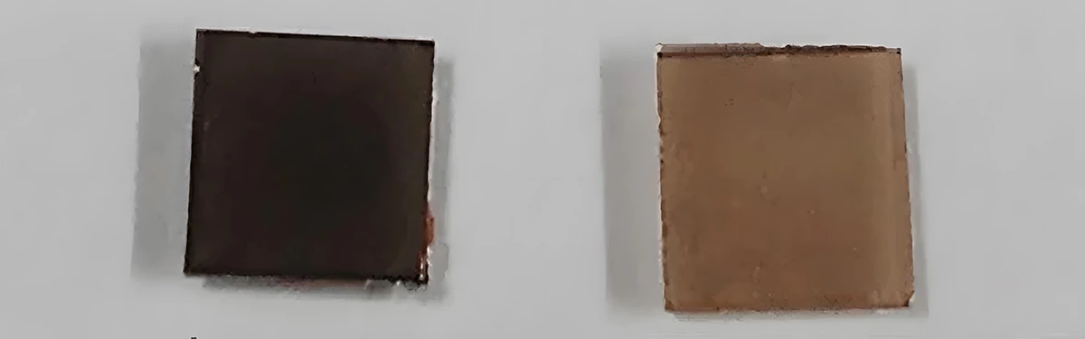 Samples of the oxygen-breathable crystal film for developing smart windows with oxygen absorbed (left) oxygen released (right) visually confirming enhanced transparency upon reduction
