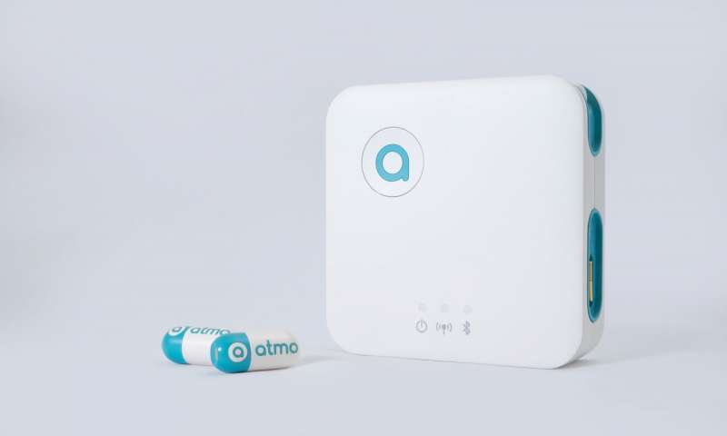 The pill sends data to a handheld external receiver which transfers information to a mobile app via Bluetooth