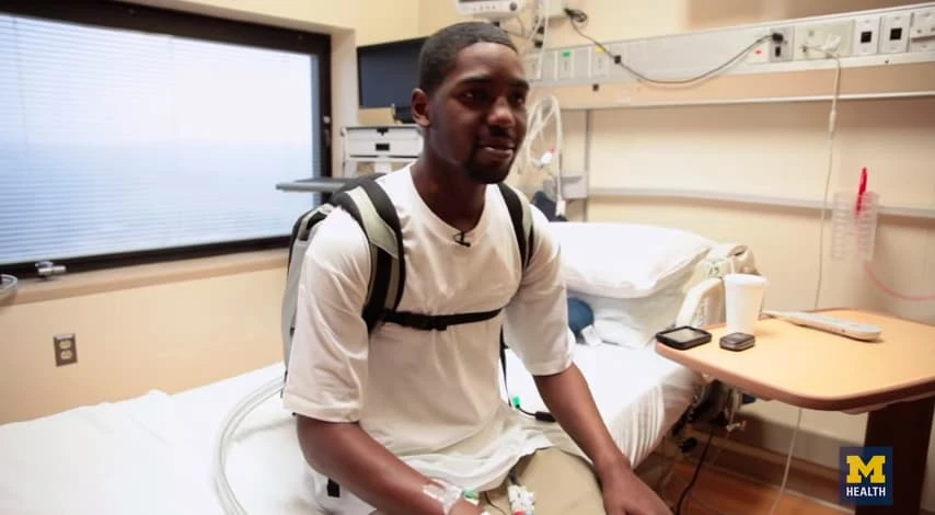 Stan Larkin wearing the SynCardia device that kept him alive for over a year until transplant surgery this May