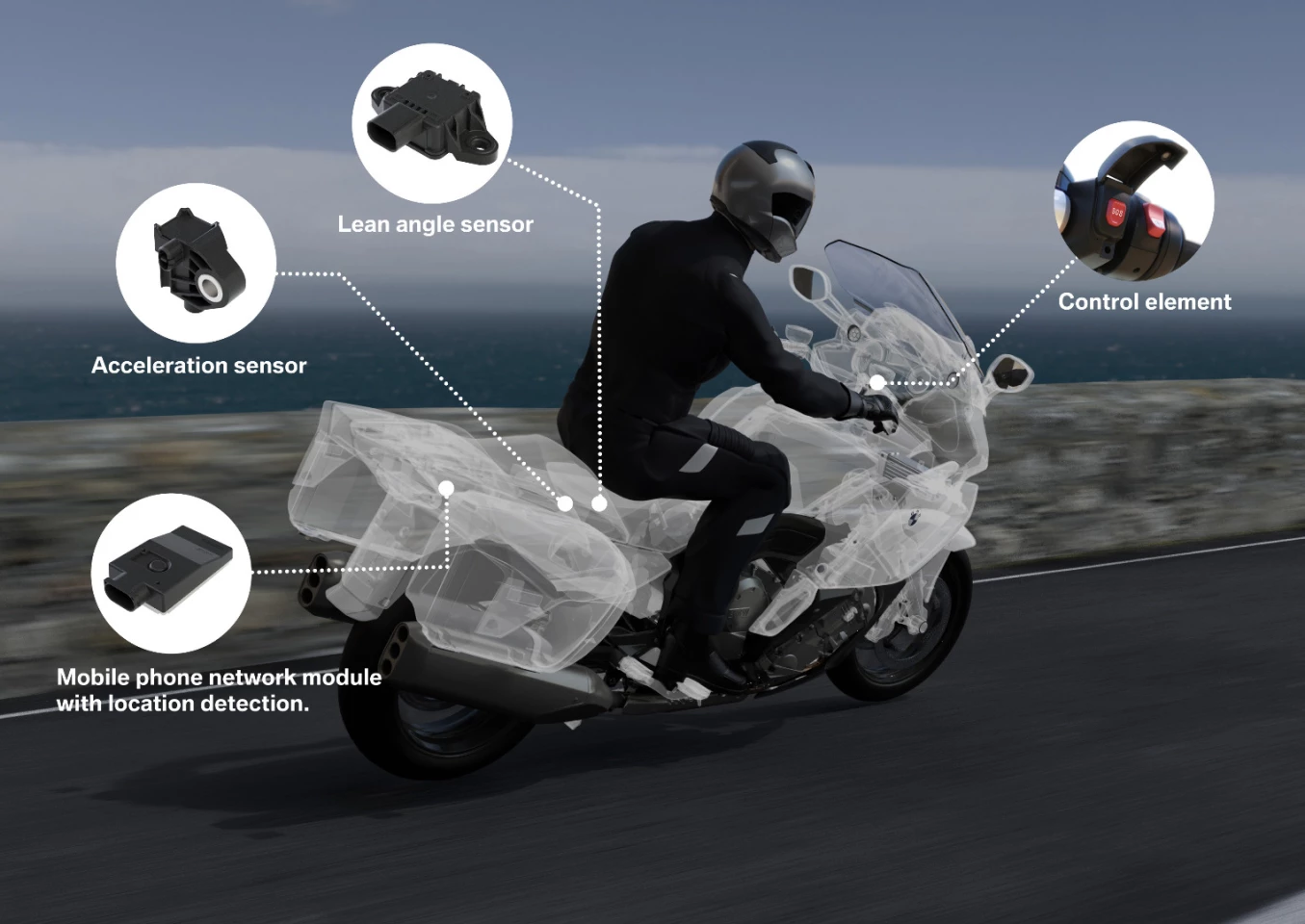With the help of two sensors, BMW's eCall system can identify when a motorcycle is involved in an accident, determine its type and alert emergency services with accurate GPS information