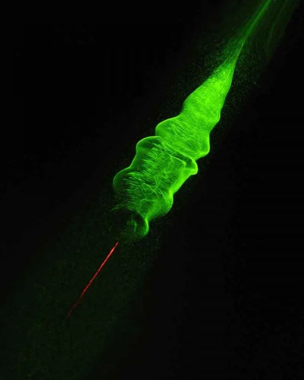 Close up of the condensation cloud formed in the laser's wake