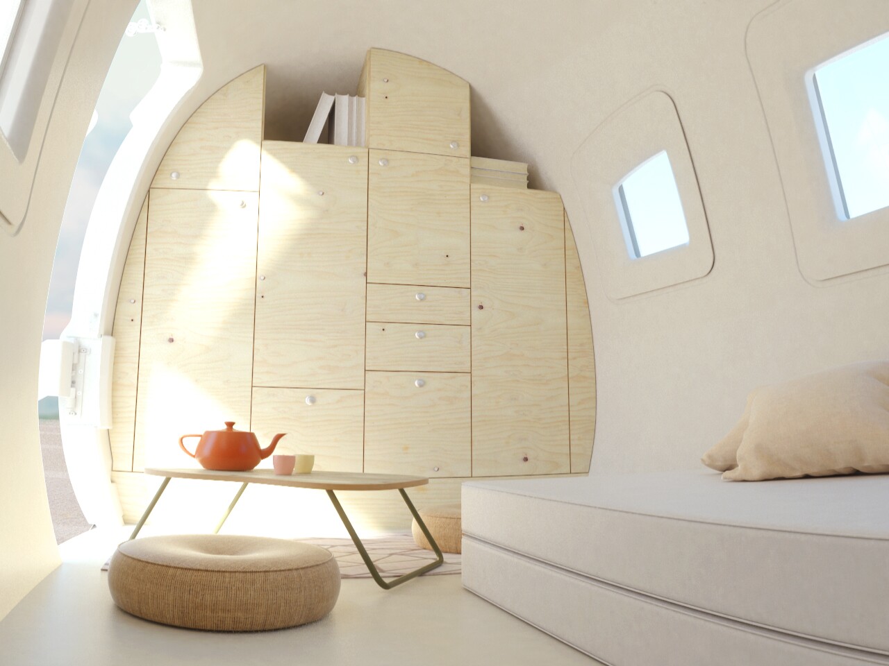 As standard, the Space by Ecocapsule's interior comes with a wooden floor and the storage space pictured