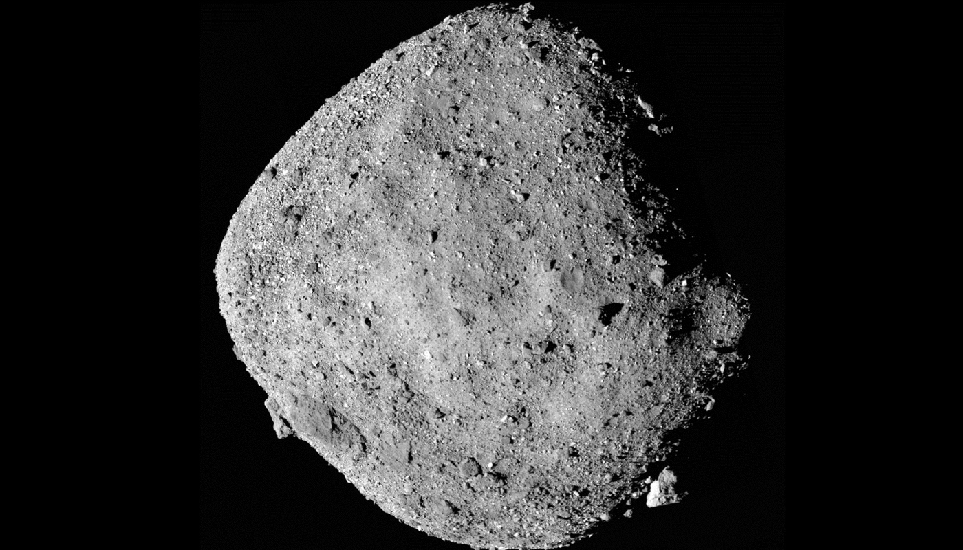 A mosaic image of the asteroid Bennu, snapped by OSIRIS-REx from a distance of 24 km (15 mi)