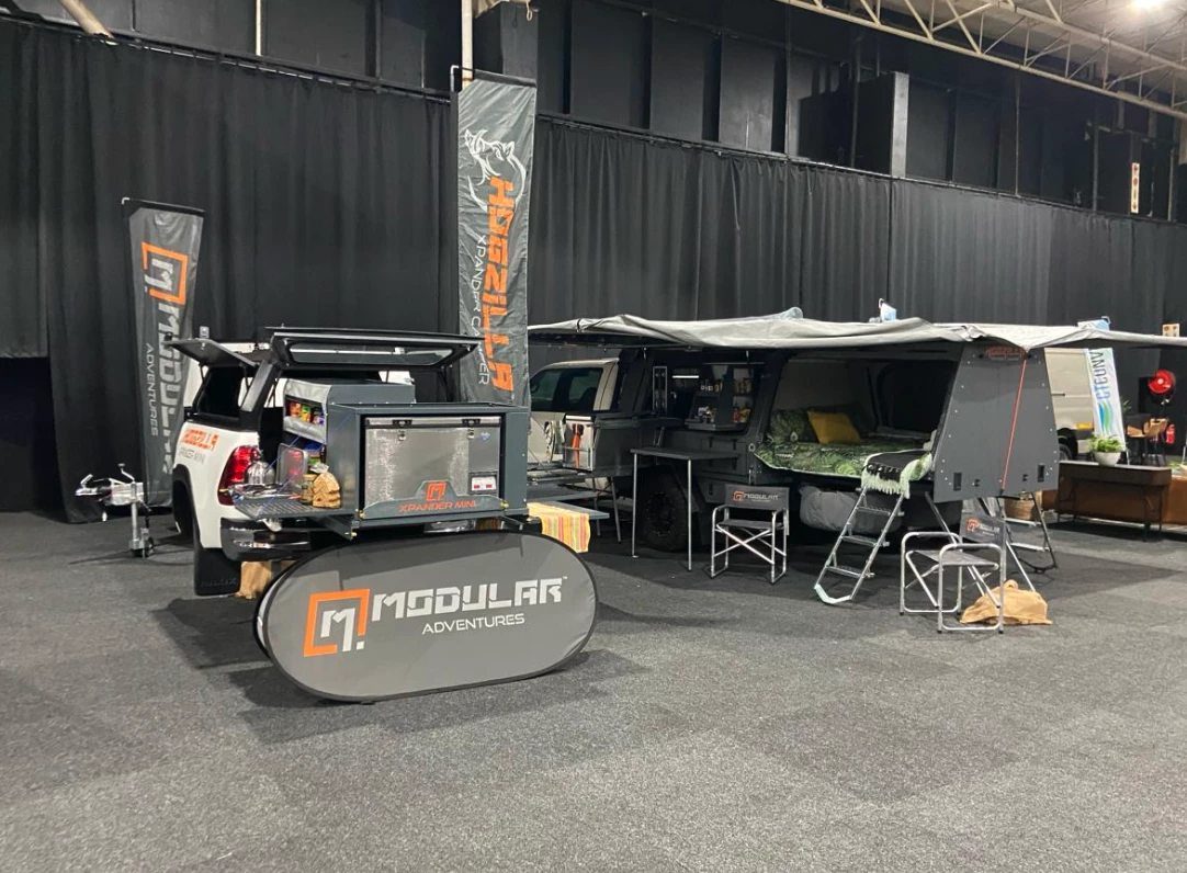 Modular Adventures shows the original Xpander Canopy and the Xpander Mini (left) at the recent 2024 Caravan Show