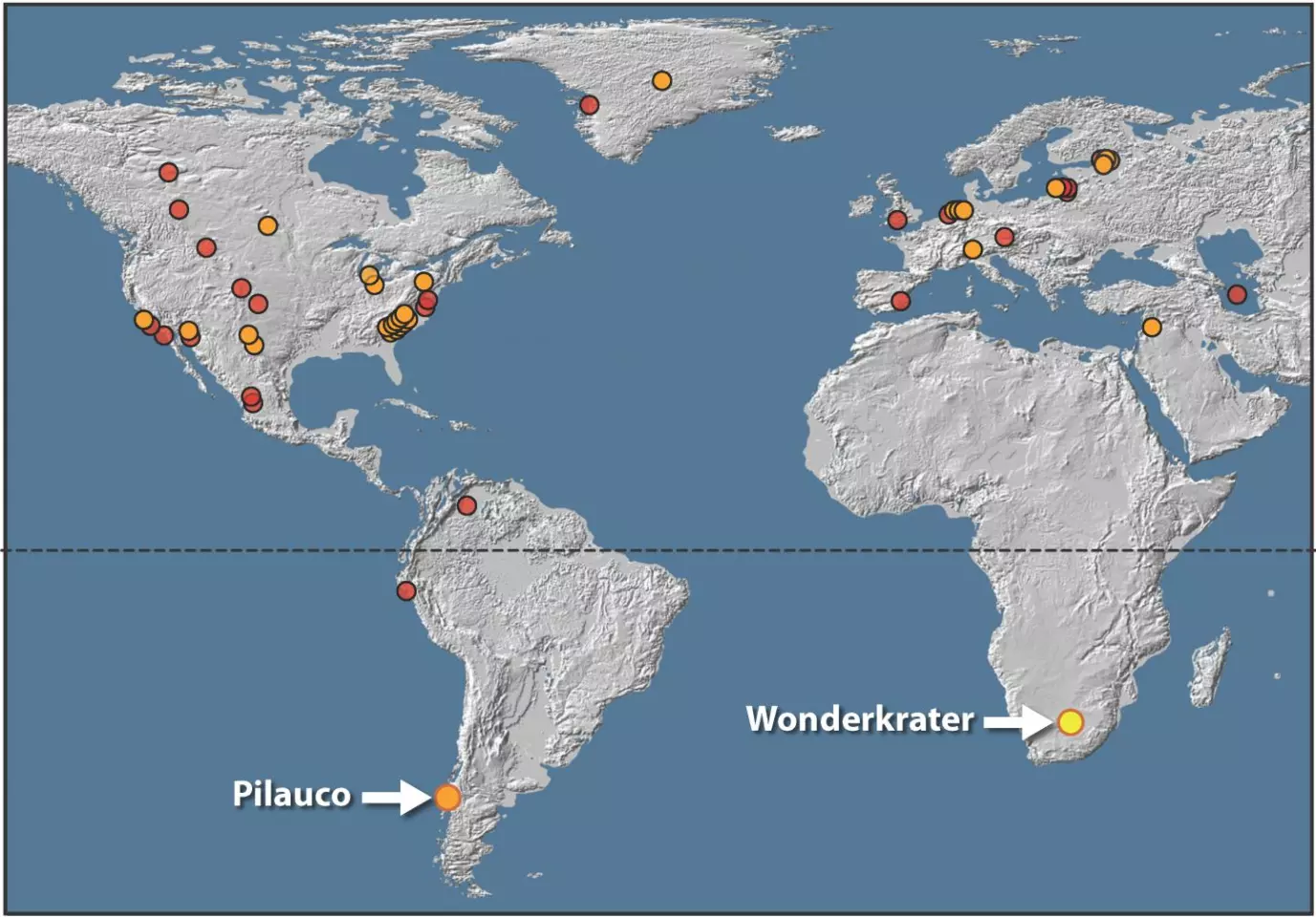 A map of the places where platinum spikes have been found at layers corresponding to the Younger Dryas – including Wonderkrater in South Africa, which is the site of the latest study