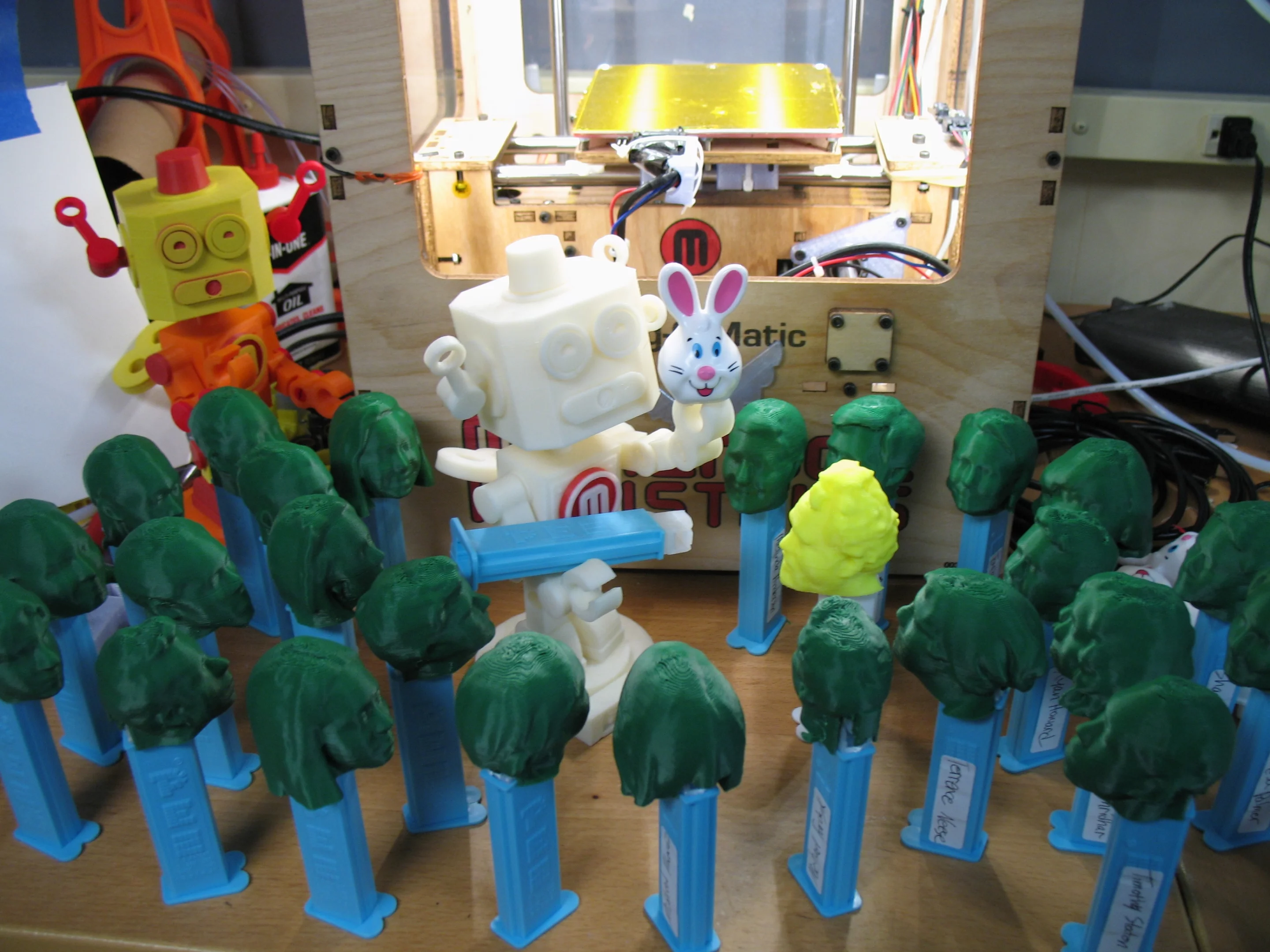 After printing the heads with a Makerbot Replicator, the final step was to attach them to some decapitated Pez dispensers