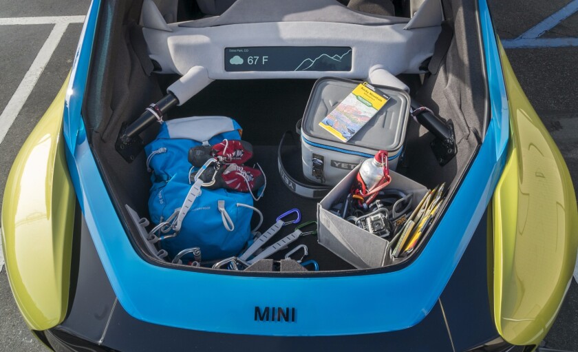 In this iteration, the front storage space highlights climbing gear on a trip to Rocky Mountain National Park