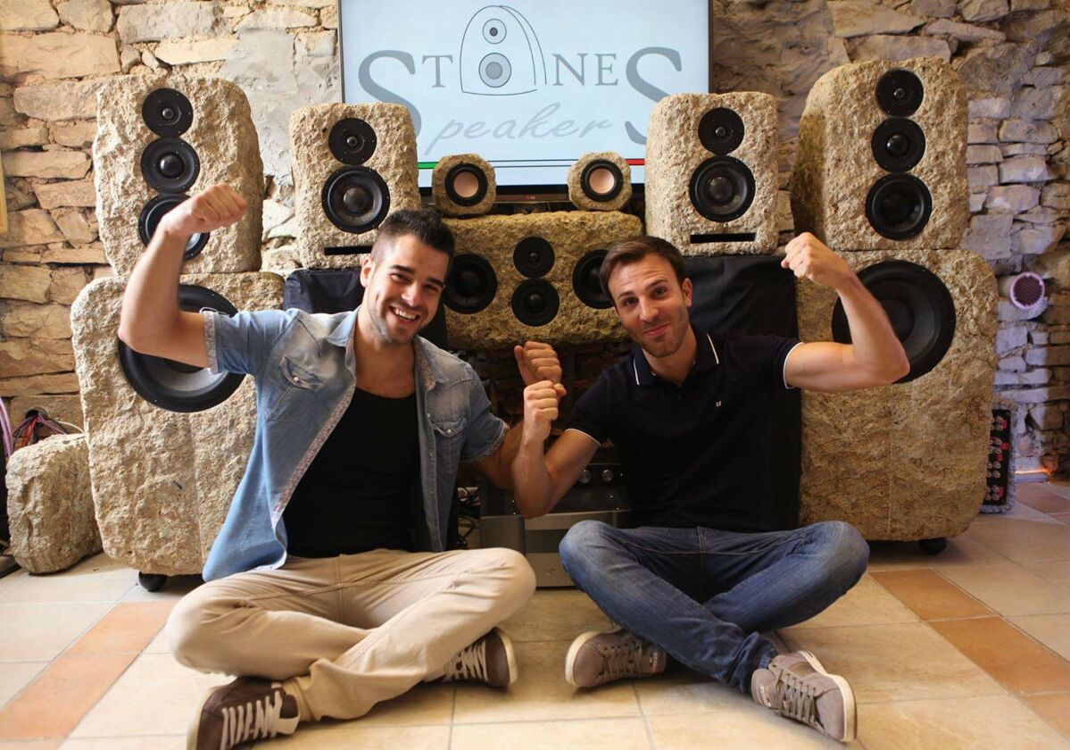 Michele Gastaldello and Giacomo Munari of Stones Speakers with their line of passive audio throwers