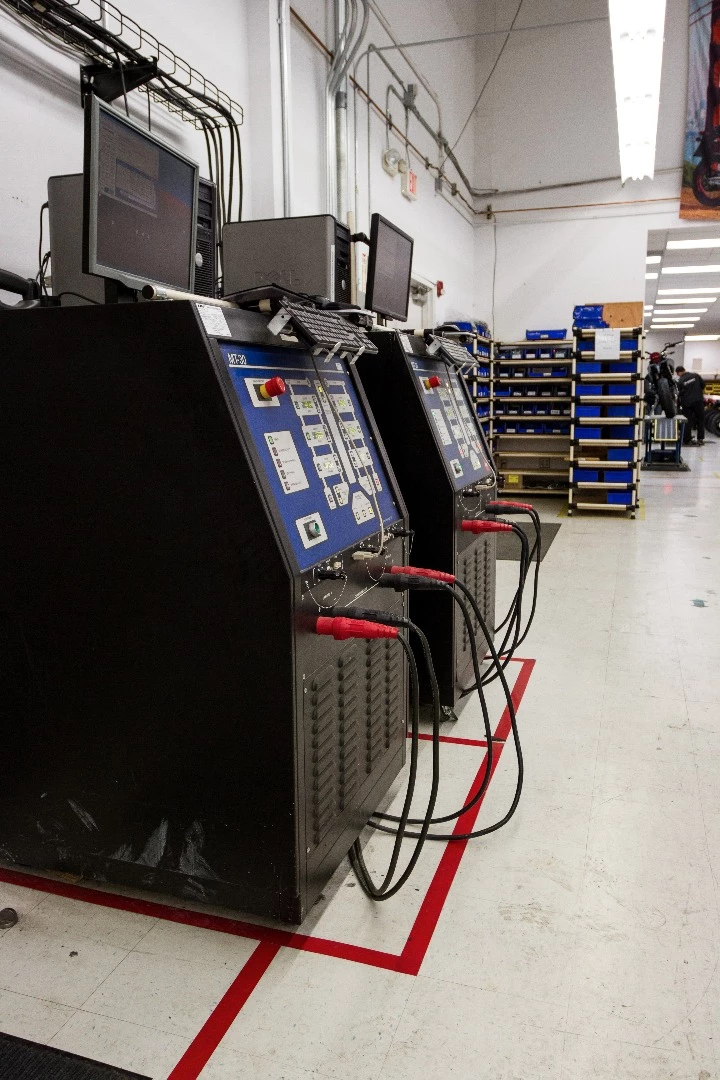 Every battery is test charged and discharged - a process that's harder than you think when dealing with such large amounts of electricity. In the past, Zero would simply boil a heap of water for the discharge test. Now, the power is fed back into the grid using this machine.