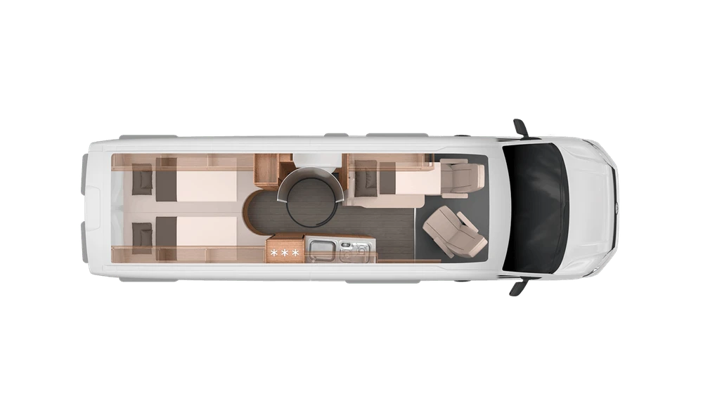 A look at the Knaus Boxdrive floor plan - of particular interest is the circular bathroom doors that expand out into the kitchen/hall floor when in use, creating separate shower and toilet areas