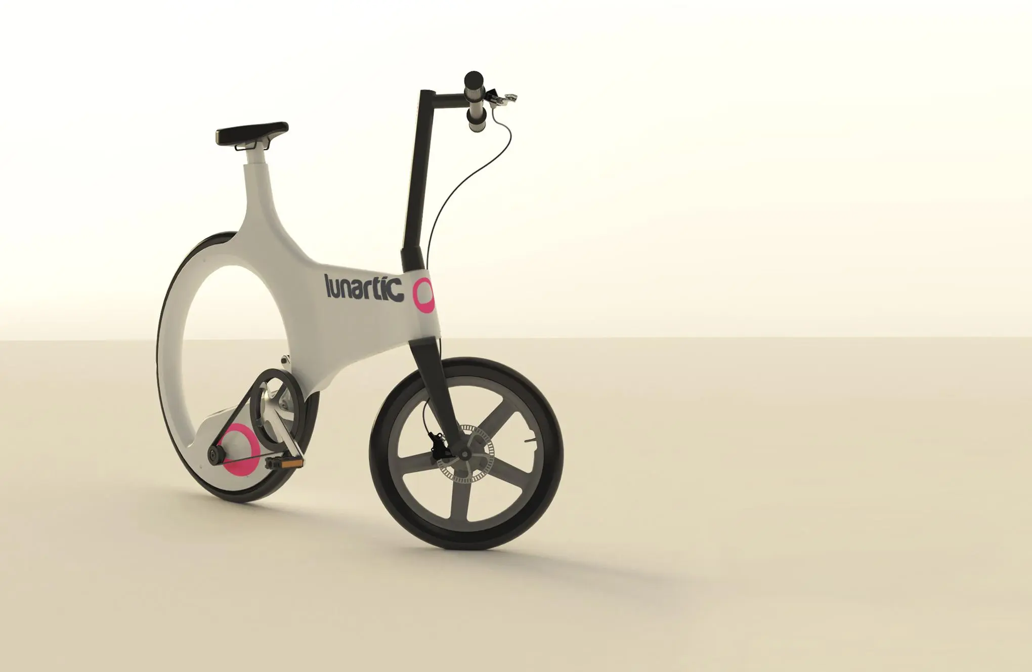 Lunartic is a compact urban bicycle concept exploring the unique combination of different wheel sizes, a toothed belt drive and hubless rear wheel