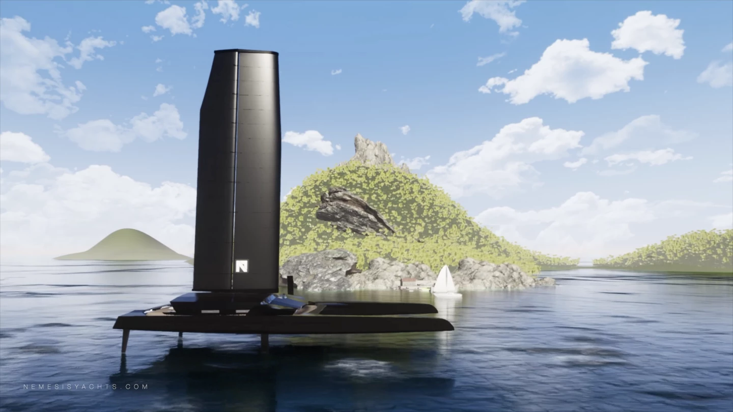 The Nemesis One will rise out of the water on hydrofoils for low-drag cruising and high top speeds