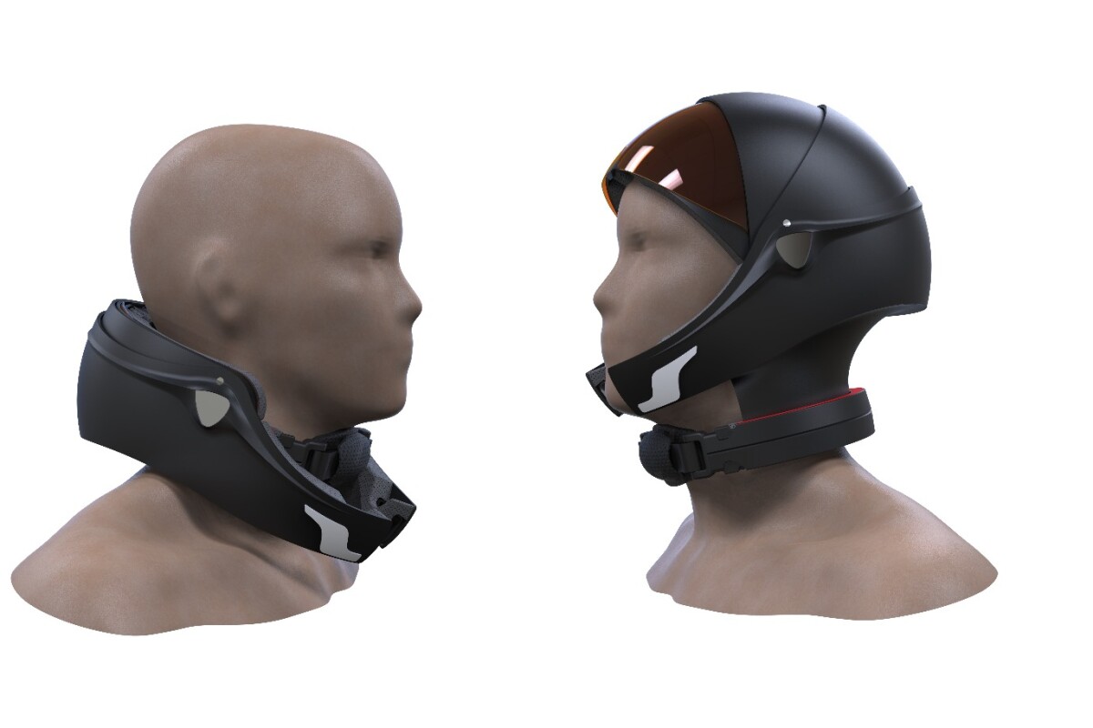 A variation of the Alpha Helmet with a chinstrap fully engaged on the right