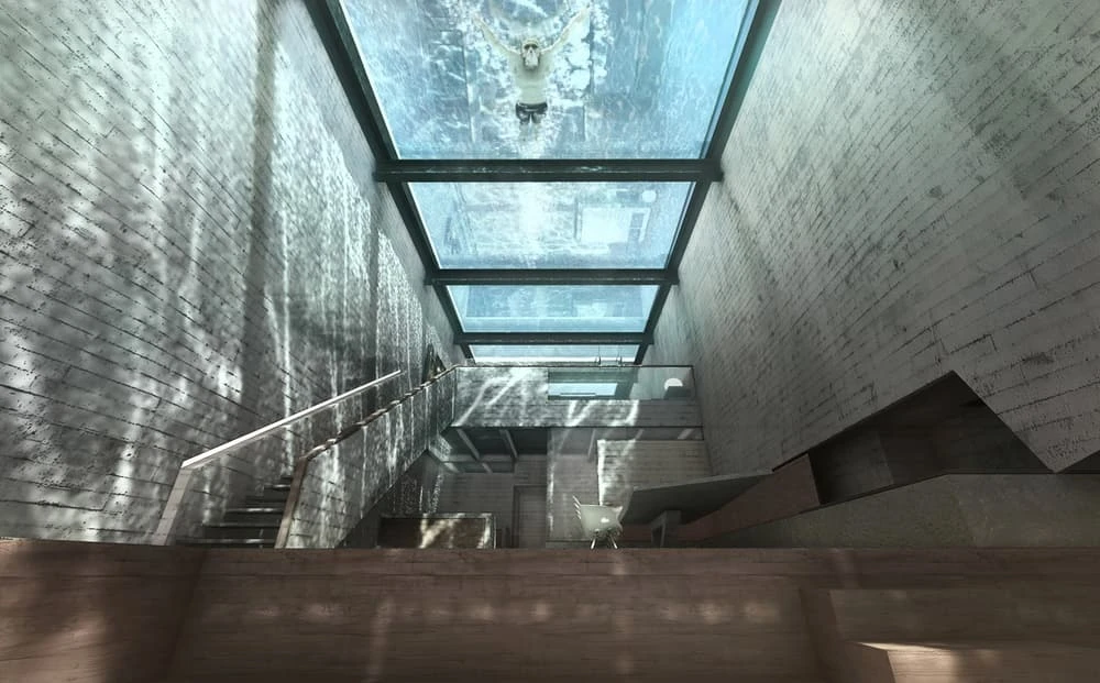 Inside, it's every inch the Bond baddie's secret lair and will feature thick concrete slabs topped by a reinforced glass pool/roof