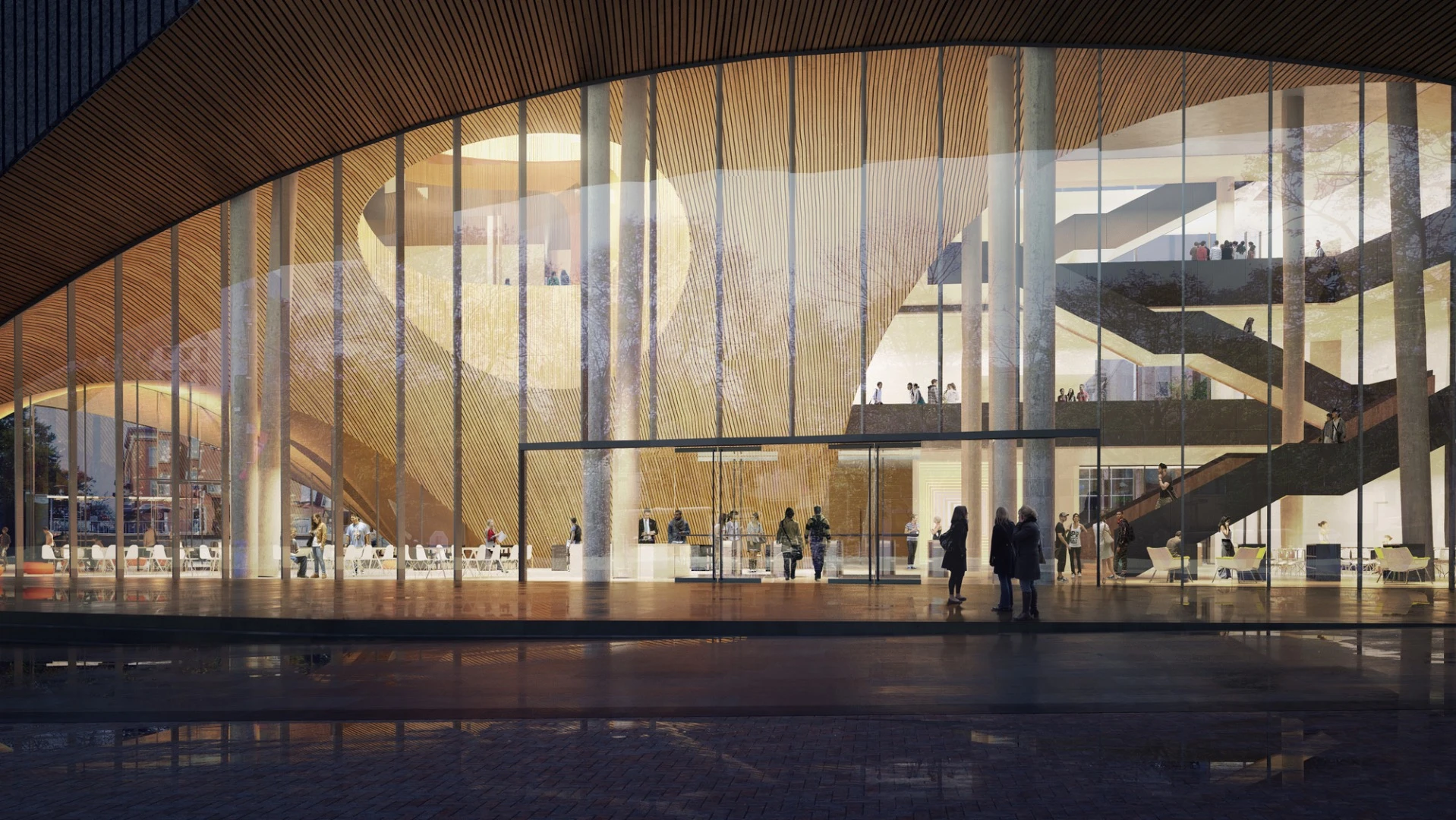 The library will take its place between two major pedestrian pathways within the campus and be clad in rough stone