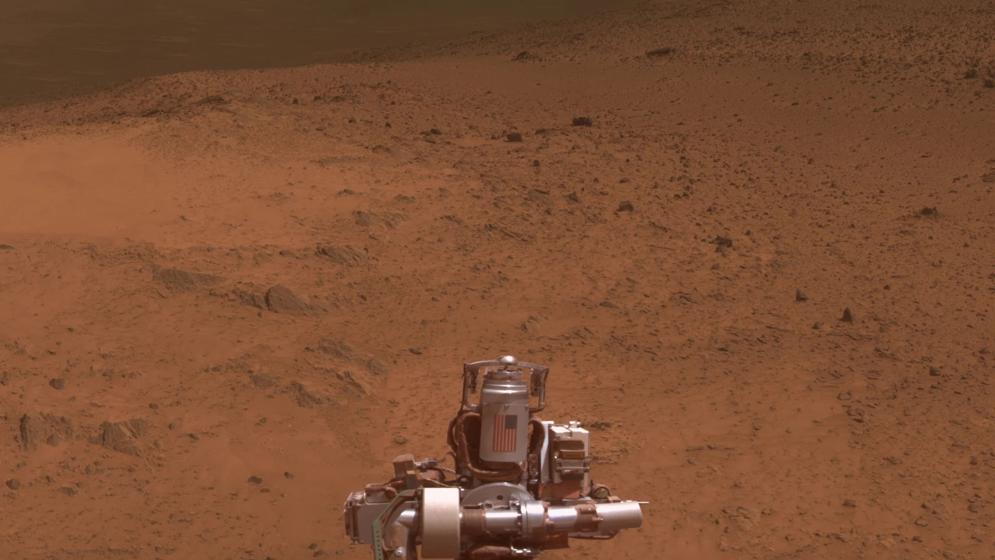Opportunity's aluminum casing for its rock abrasion tool, emblazoned with the American flag in remembrance of the 9/11 attacks (Photo: NASA/JPL-Caltech/Cornell Univ./Arizona State University)