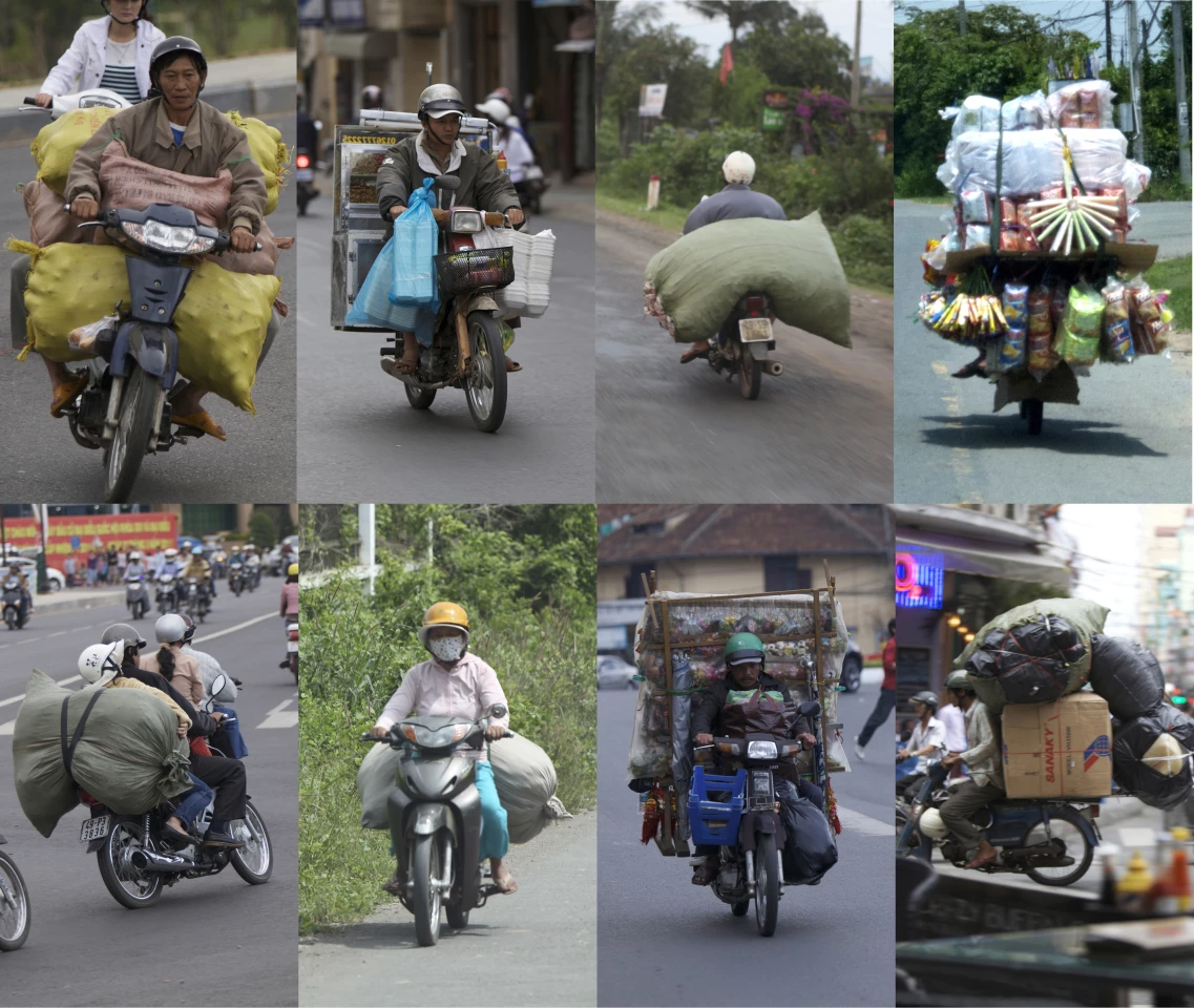 These pictures were taken in Vietnam, Thailand, Laos and Cambodia and indicate the many uses people find for the humble scooter in developing countries