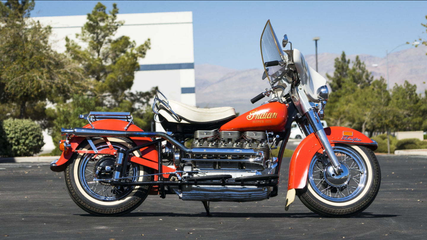 Made circa 1939-1940 by fusing together two 1938 Indian type 438 4-cylinder motors to create a six-cylinder 1966cc engine. The bike received a high bid of $115,500 but was passed in. The full story of the construction of the bike and frame can be found in the Auction Catalog Description