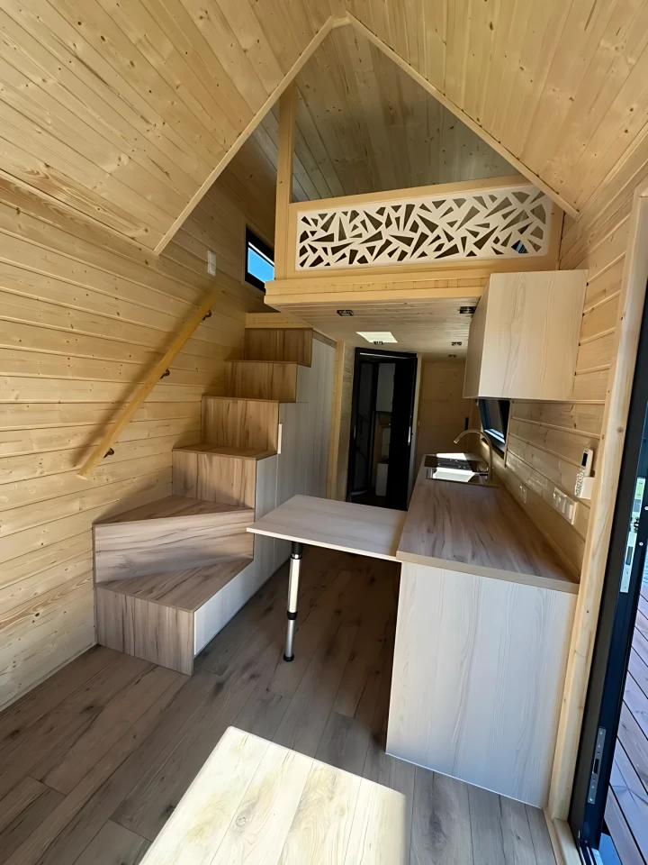 The Françoise's central kitchen features a sliding table that provides some extra counter space or dining space