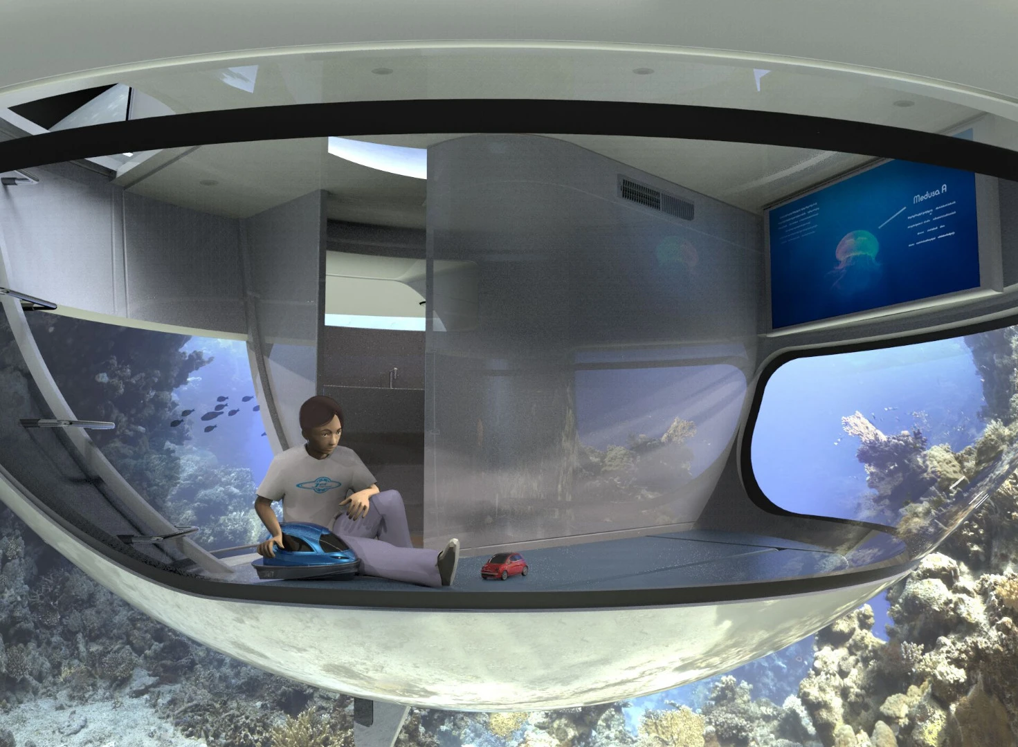 The rooms of the UFO are multi-functional and offer underwater views