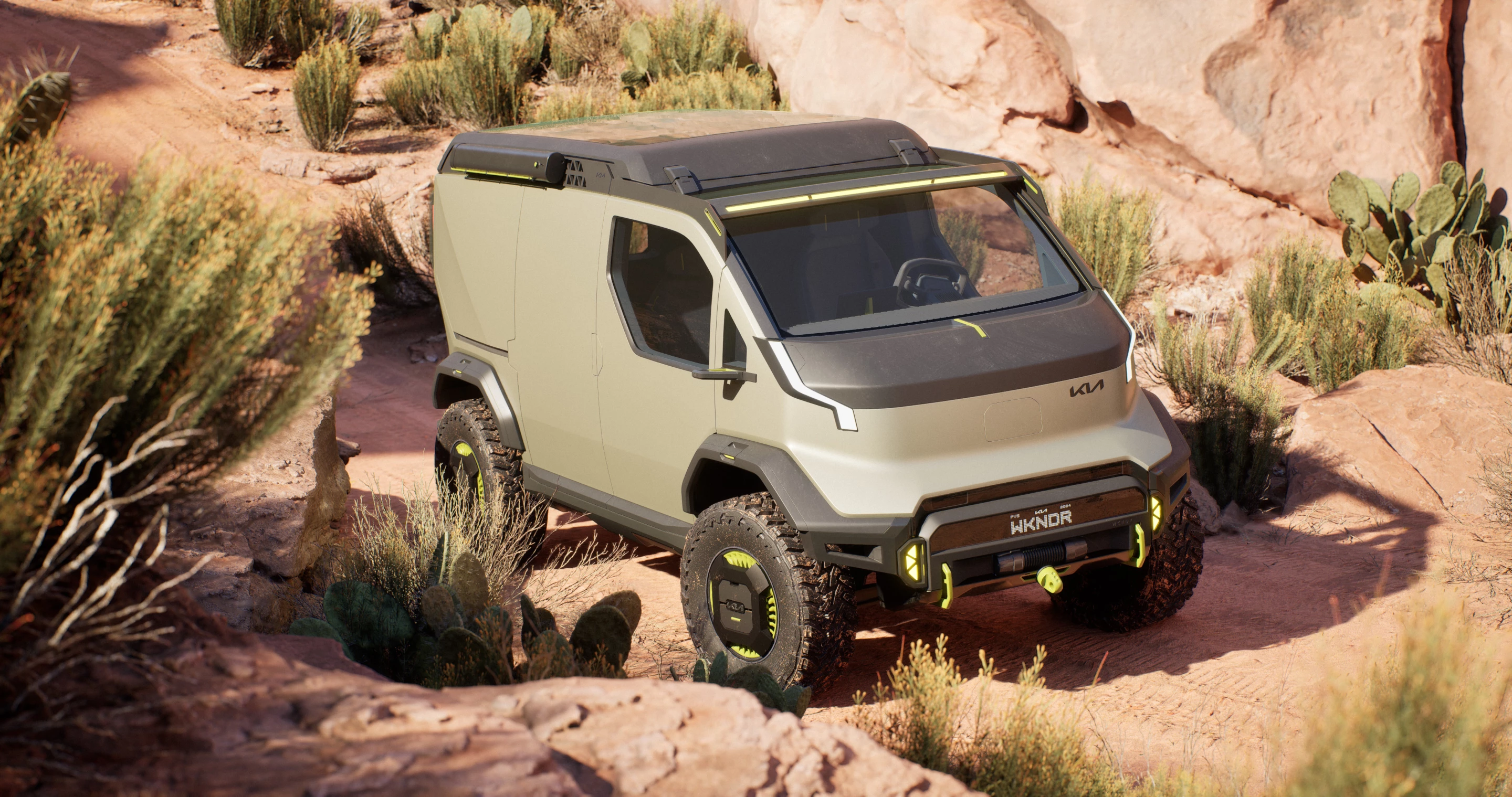 The PV5 WKNDR gains a suspension lift and rugged off-road tires around hydro turbine concept wheels