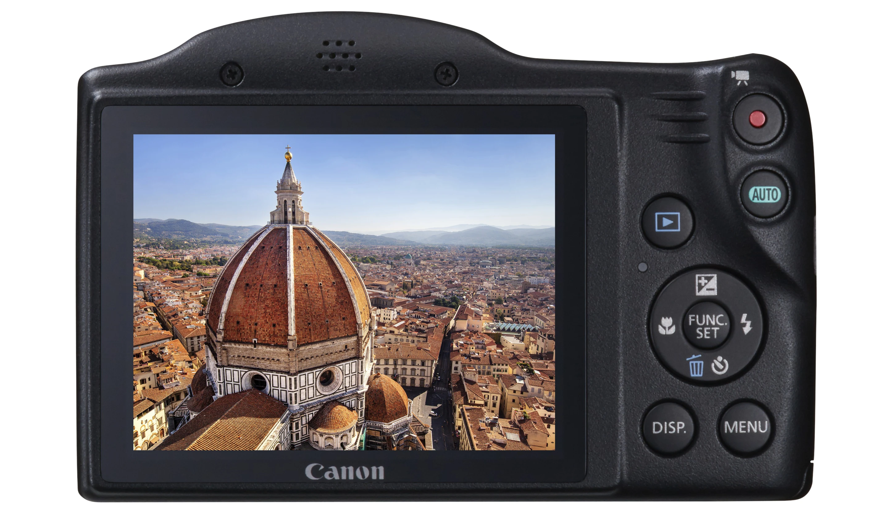 The rear 3-inch LCD of the Canon PowerShot SX400 IS has just 230K dots