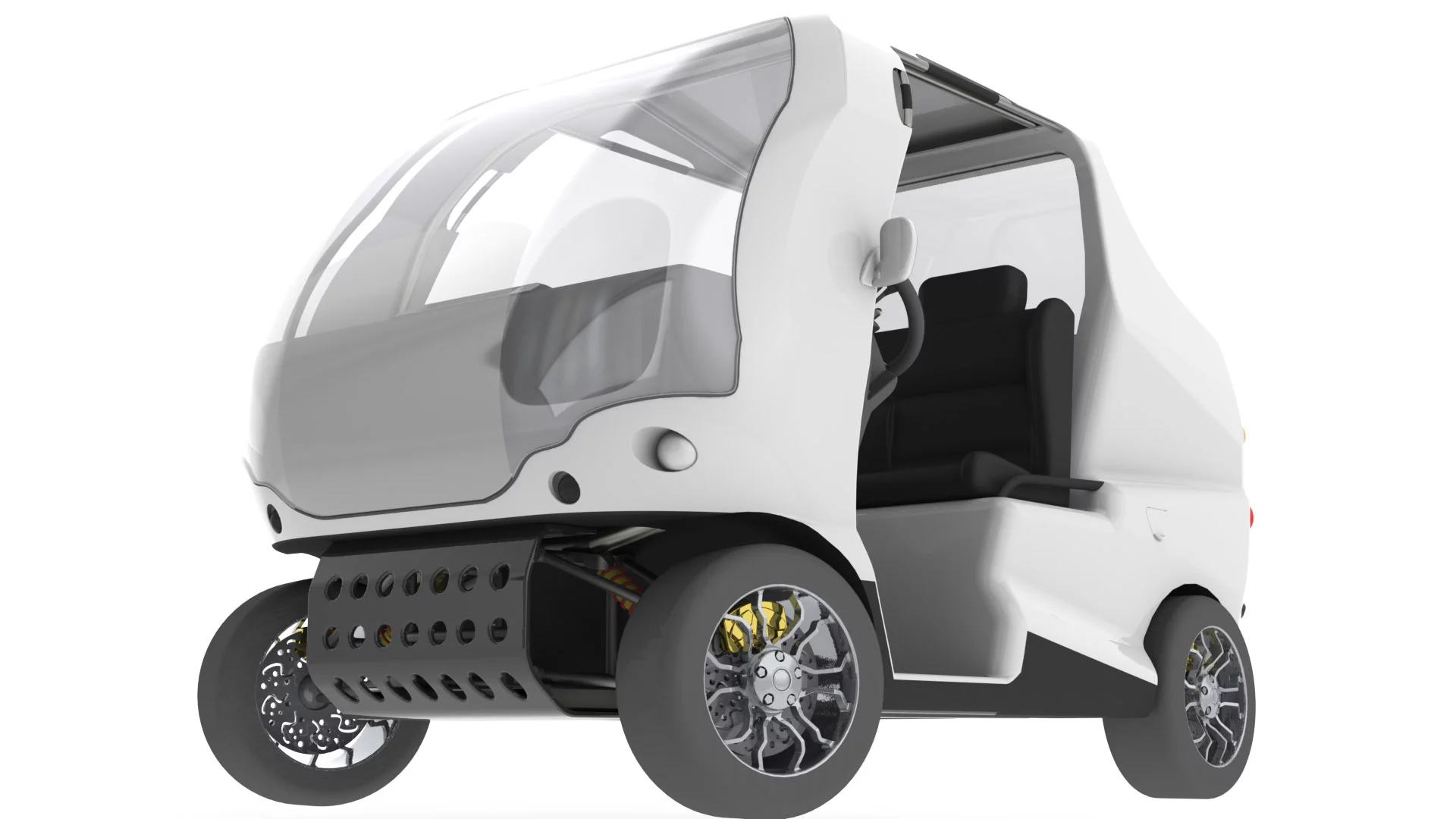 The Bug-E will have a welded box steel, powder-coated chassis surrounded by a Reaction Injection Molding (RIM) Polypropylene body with high density foam internal paneling and lightweight tubular steel internal support