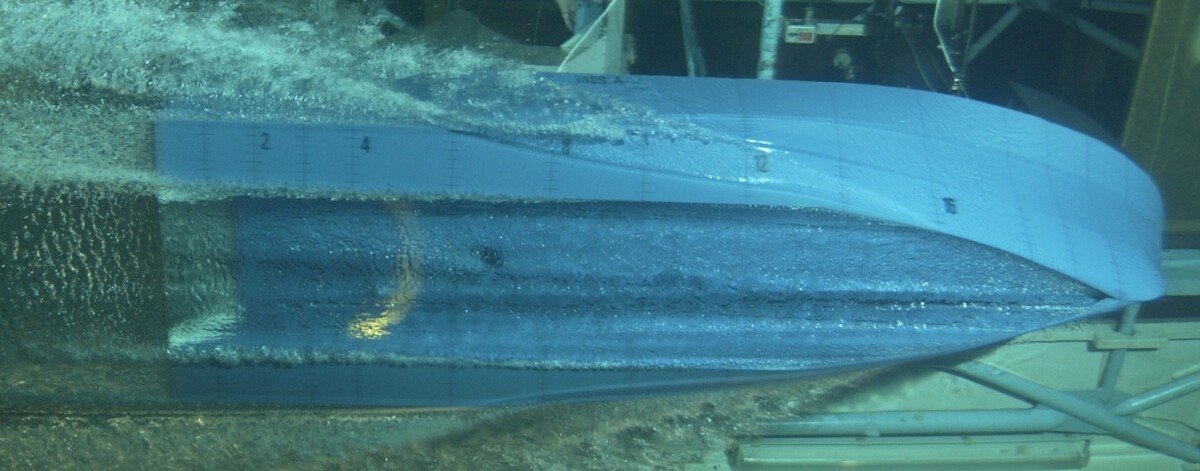 Bottom view of an Air Supported Vessel hull undergoing tank testing (Photo: Effect Ships International AS)