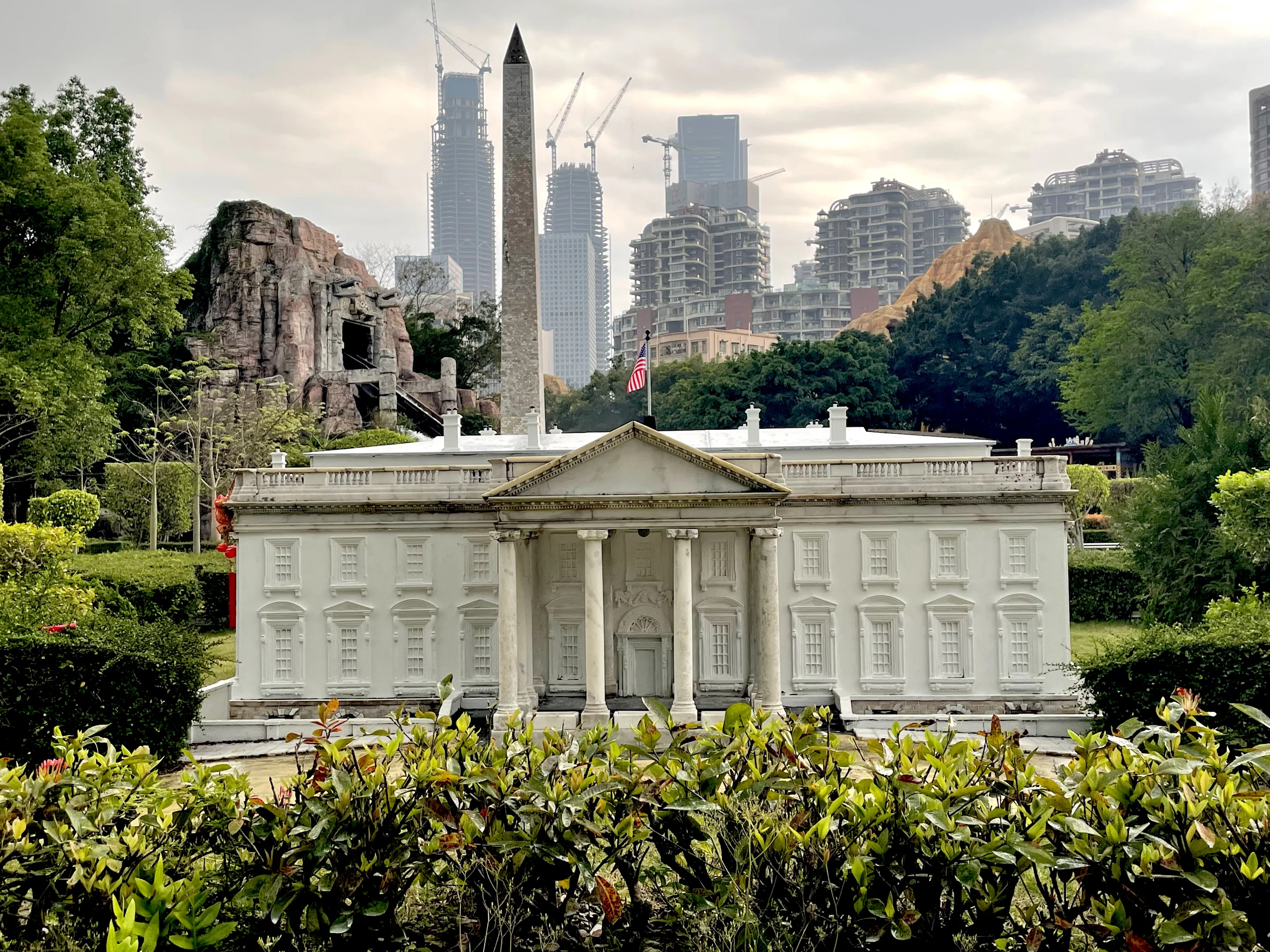 The White House was grand even at this scale, but it was hard not to notice the sea of cranes beyond the park
