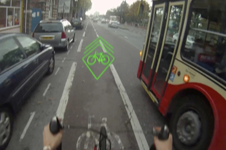 BLAZE is a protype device that alerts drivers to the presence of a cyclist, by a projecting a laser image onto the road in front of the bicycle(Photo: University of Brighton)