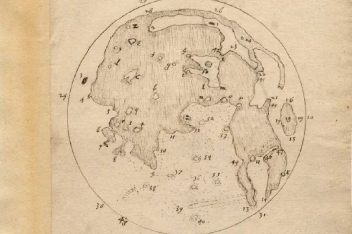 The best of Harriot’s two whole-Moon maps shows a wealth of detail. Image copyright Lord Egremont, Petworth House Archives