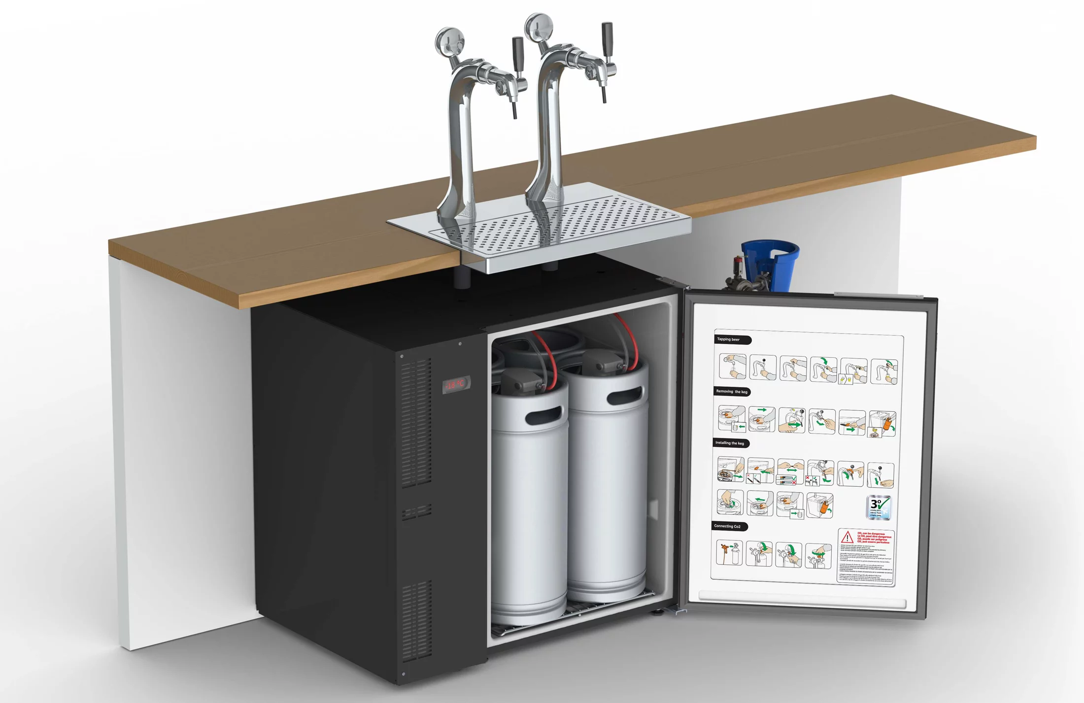 By placing the refrigerator and keg directly beneath the counter and tap, the distance the beer has to travel to get into your glass is reduced
